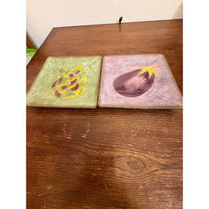 Clay Art Terra Toscana Artichoke Eggplant Plates Set Hand Painted Tuscan Kitche